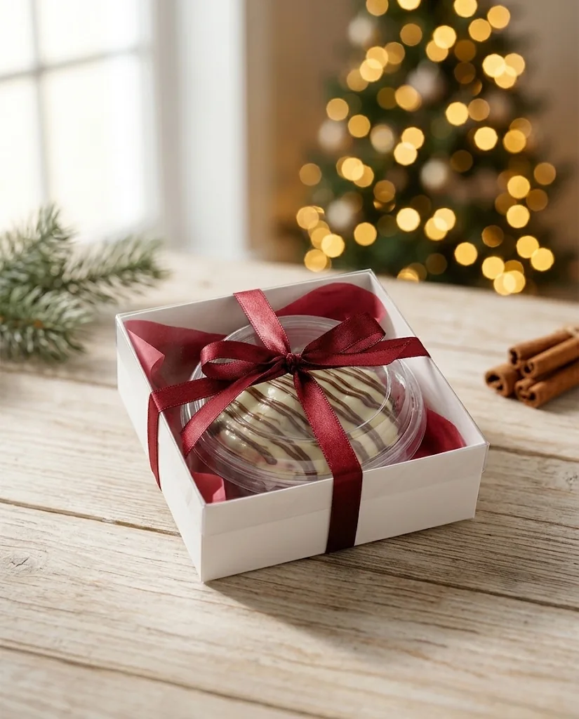 Lembrancinha de brownie na caixinha com fita vermelha, sobre mesa de madeira com árvore de Natal ao fundo